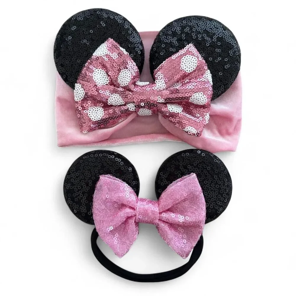 Disney Minnie Mouse Ears Headband & Hair Tie Set – Pink Sequin Bow Baby/Toddler